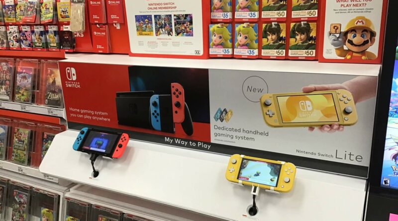 nintendo switch games on shelves in store